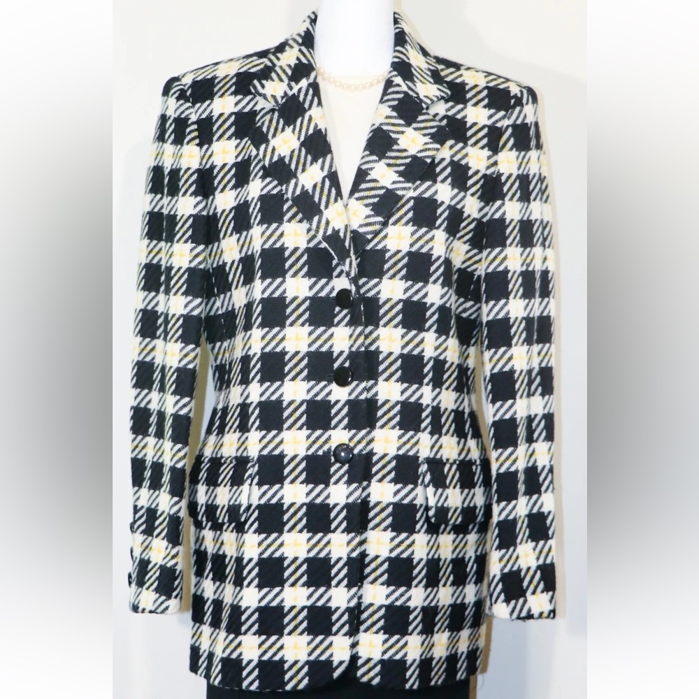 ESCADA Margaretha Ley Vintage Black/White/Yellow Plaid Wool Jacket Sz M/L
